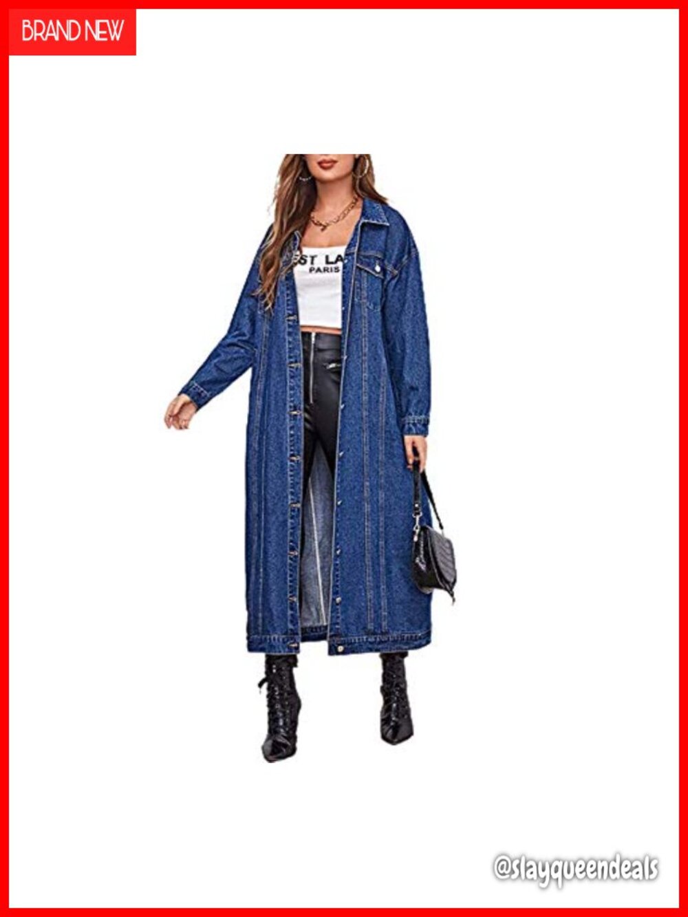 chouyatou Women's Button Down Midi Long Denim Jean Jacket Trench Coat